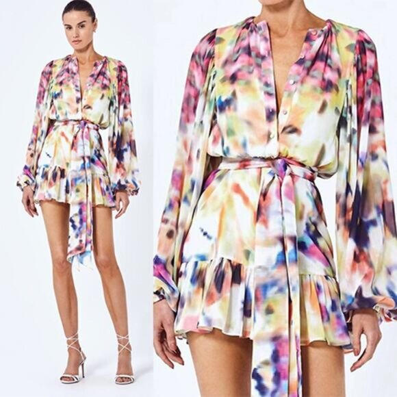 NWT Alexis Leonie Belted Abstract-Print Mini Dress Iridescent Size: Large - Picture 1 of 10